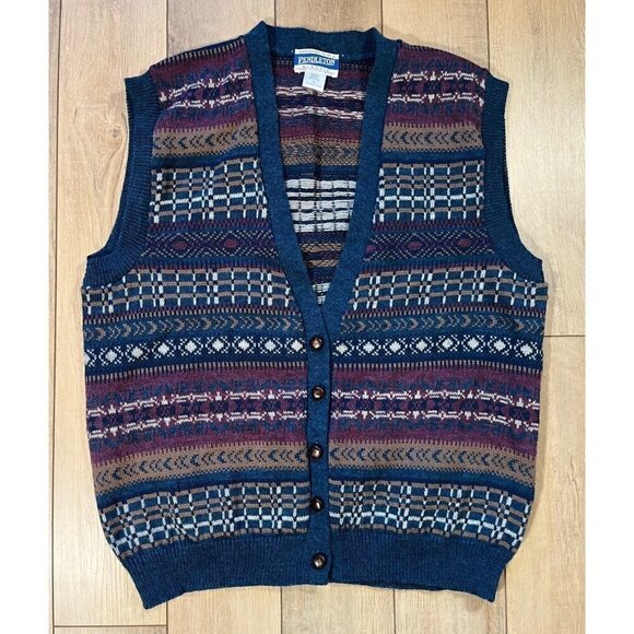 Vintage Pendleton 100% Virgin Wool Sweater Vest Button Up Womens Large Made USA - Picture 1 of 5